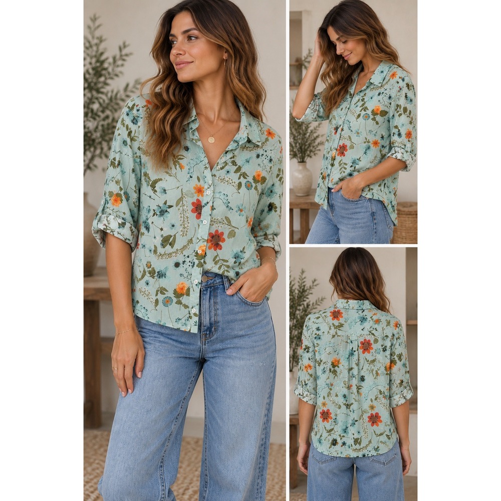 Coldwater Creek Button Up Shirt Womens M Blue Floral 3/4 Sleeve Cotton Whimsical
